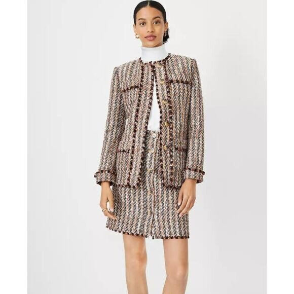 Ann Taylor Brown Fringe Knit Gold Metallic Button Up Textured Blazer Jacket 12 - Picture 2 of 9